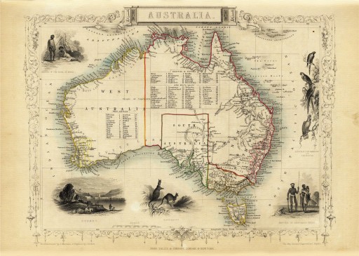 AUSTRALIA mapa ilustrowana Tallis 1851 r. płótno