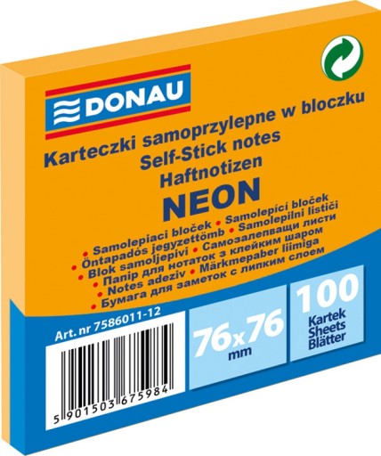 KARTECZKI SAMOPRZYLEPNE 76x76 DONAU NEON POMARAŃCZ
